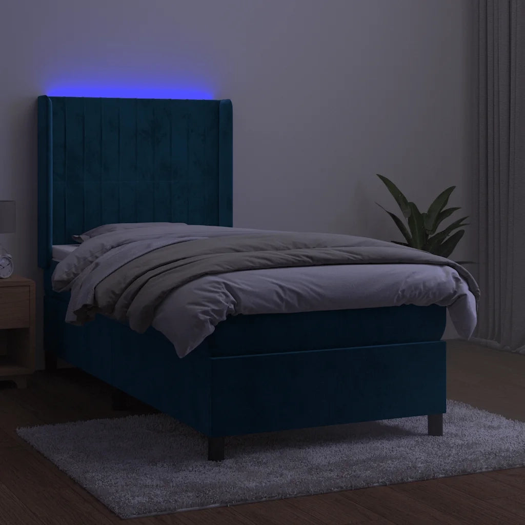Letto a Molle con Materasso e LED Blu Scuro 90x190cm in Velluto 3139659