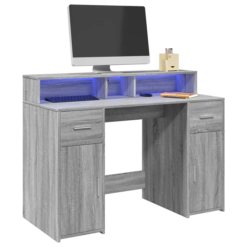 Scrivania | Tavolo da Ufficio con Luci LED Grigio Sonoma 120x55x91cm in Multistrato