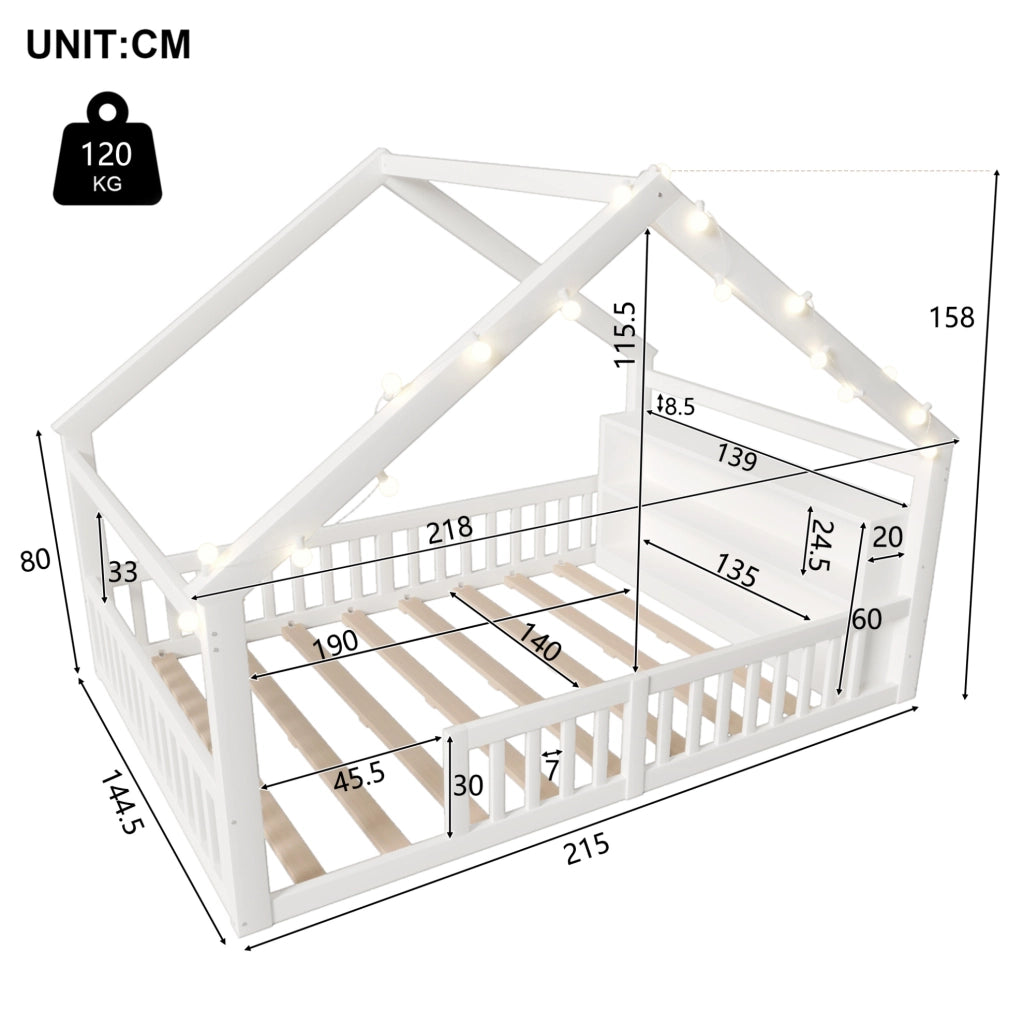 Letto per bambini a casetta 140x190 cm con sponde e scaffali laterali