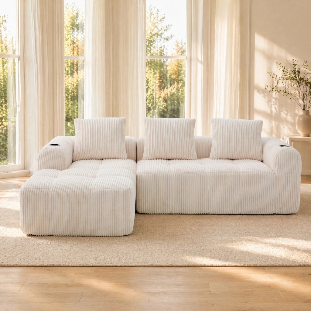 Divano componibile in corduroy beige 253x158x61 cm con tasche laterali e portabicchieri