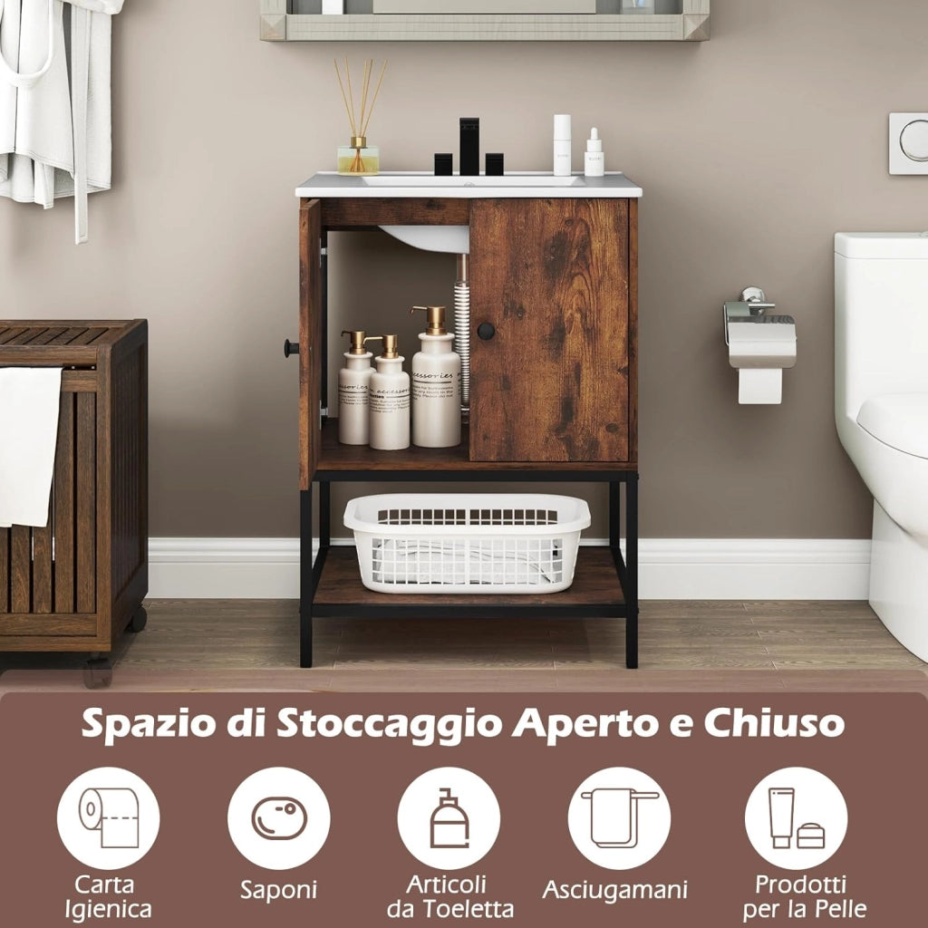 Mobile da Bagno in Legno, Mobiletto con 2 Ante e Mensola Aperta, Mobile da Bagno a Terra Stile Vintage con Lavandino in Ceramica, 61 x 46,5 x 87 cm, Marrone Rustico