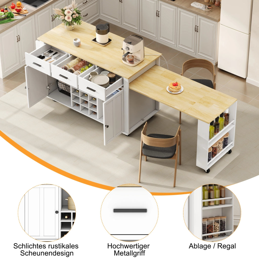 ISOLA cucina con piano estraibile 136(223)x50x93 cm MDF Bianco/Naturale
