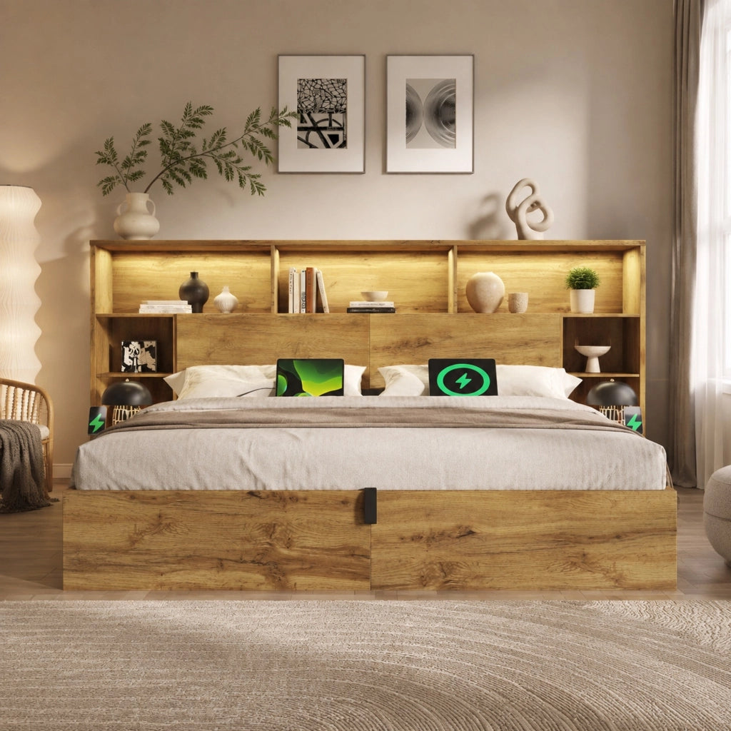 Letto matrimoniale 180 × 200 cm con contenitore idraulico comodini integrati LED USB e USB-C rovere