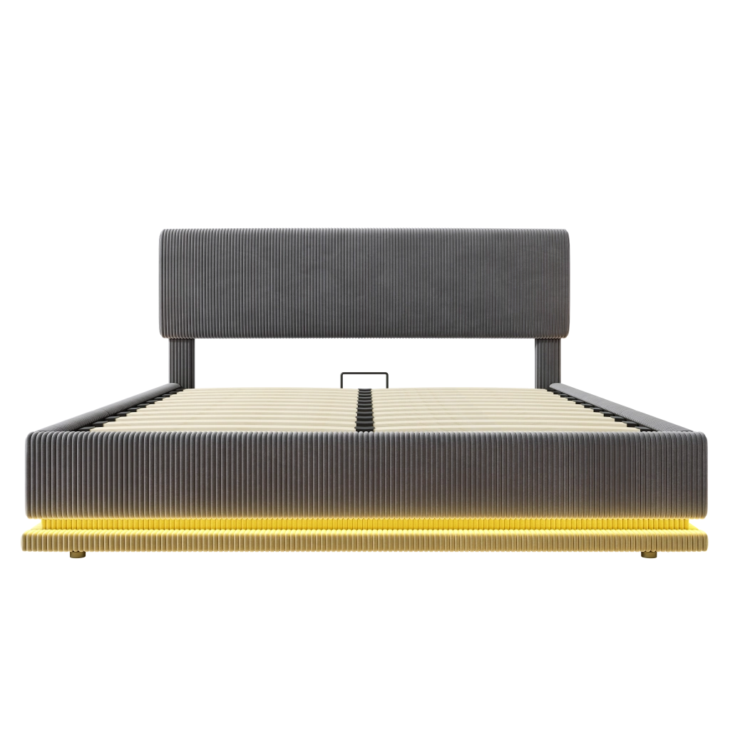 Letto imbottito 140x200 cm con LED; USB-C e testiera regolabile in corduroy grigio scuro