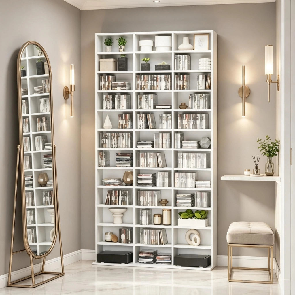 Scaffale classico moderno, torre portaoggetti funzionale per media e decorazioni, libreria per CD e DVD