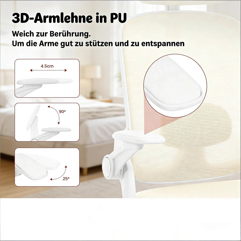 SEDIA UFFICIO Ergonomica Schienale Alto in Rete Beige con Braccioli 3D