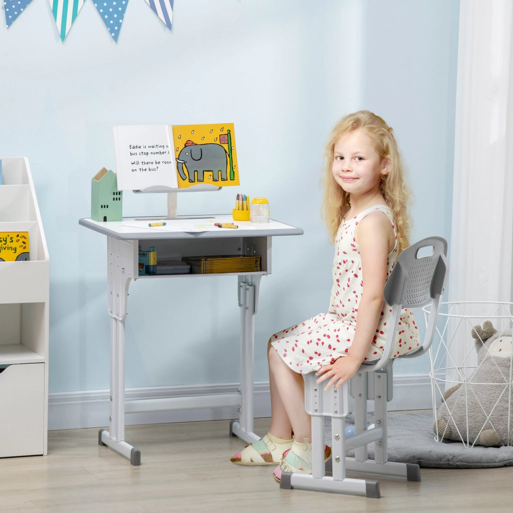 EasyComfort Banco Scuola con Sedia ad Altezza Regolabile e Luce per Bambini 6-12 Anni, Acciaio e MDF, Grigio