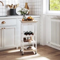 Carrello Da Servizio Carrello Da Cucina A Ruote 2 Ripiani + Piano Estraibile + Cassetto Legno Di Pino Bianco Quercia Chiara