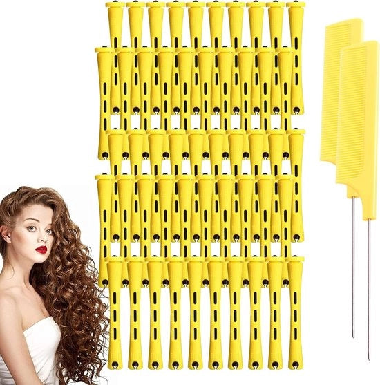 50 Set di Rulli per Capelli Permanenti, Set di Rulli per Capelli in Plastica con 2 Camme per Stile e Cura dei Capelli Fai da Te (Giallo, 0.28")