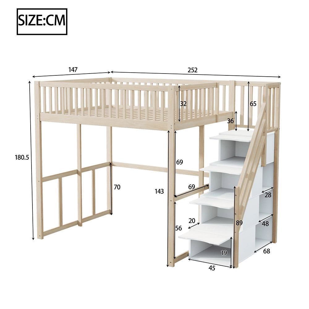 Letto a soppalco 140x200cm - Xylo - Pino massiccio scala di sicurezza per bambini/adolescenti/adulti