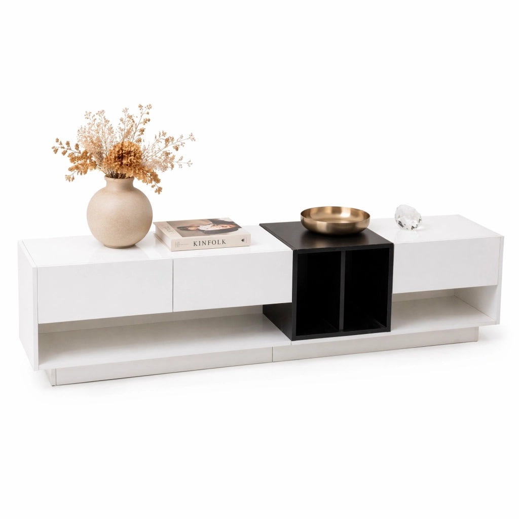 Mobile porta TV moderno lucido bianco e nero con 3 cassetti, 190 cm