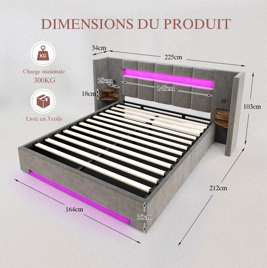 Letto 160x200 cm con contenitore; LED e USB in velluto grigio scuro