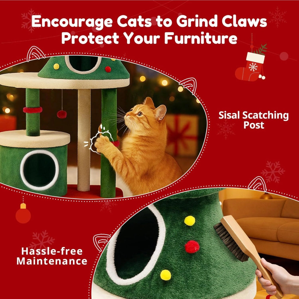 Albero Tiragraffi per Gatti in Stile Albero di Natale 123cm, Stabile Torre per Gatti con Colonne Tiragraffi, Casa per Gatti a Più Livelli con Piattaforme & Palla da Gioco, Mobili Tiragraffi
