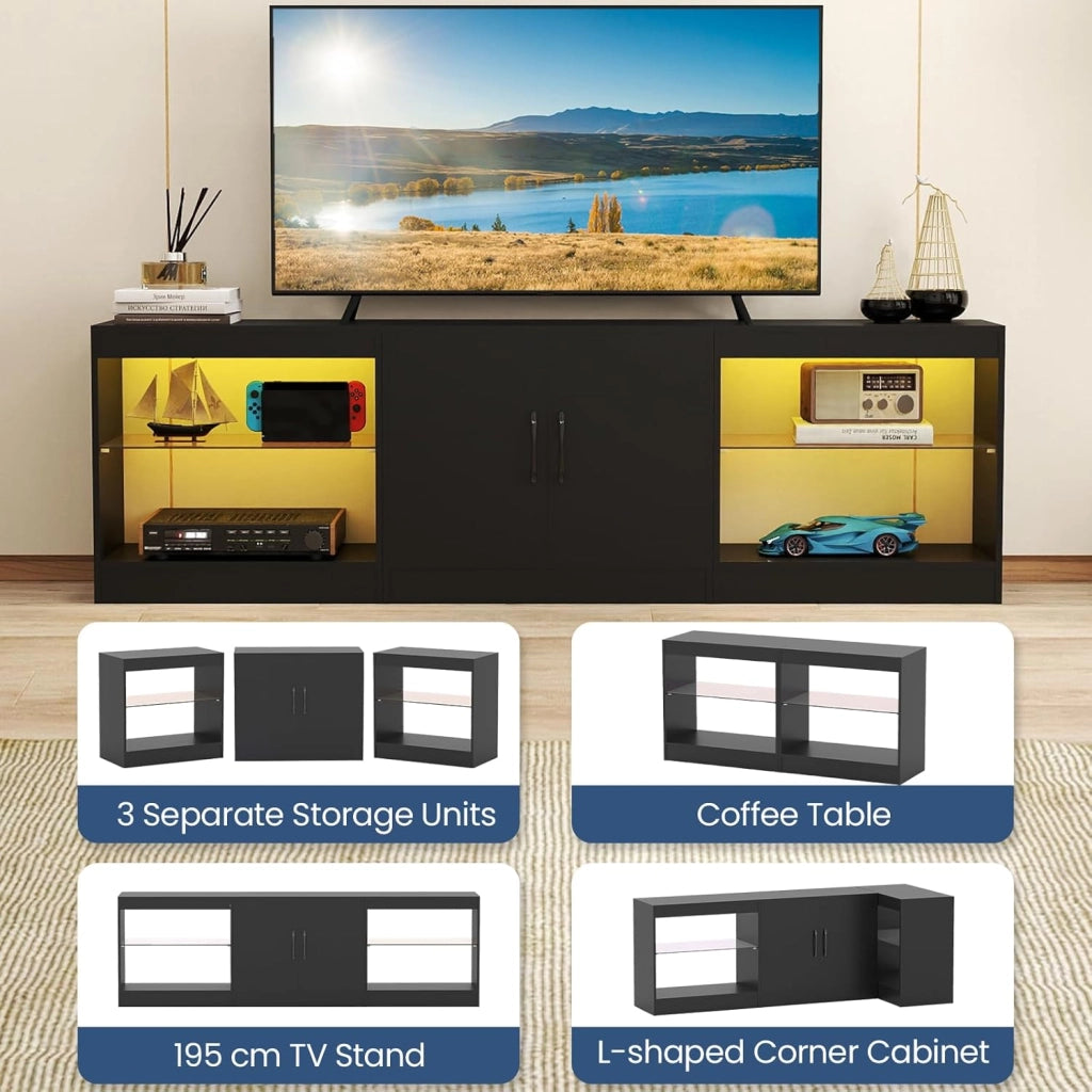 Mobile TV da 85" 3 in 1 con Luci LED, Mobiletto porta Televisori Liberamente Combinabile da 3 Pezzi, con Ripiani in Vetro Regolabili, per Soggiorno, Camera da Letto, 195x30x55cm (Nero)