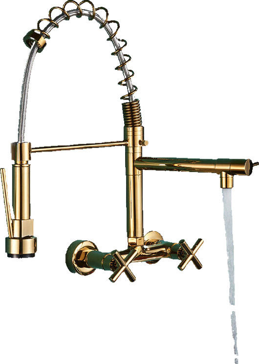 Bjorn | Rubinetto da parete gastronomia oro lucido Rubinetto cucina professionale in acciaio inox con due doccette|doppio lavello da parete ristorante