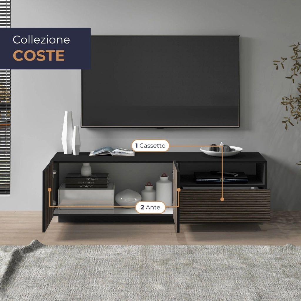 WHOUS Mobile porta tv Coste a 2 ante 1 cassetto e 1 vano antracite/legno scuro 150x43x46 cm