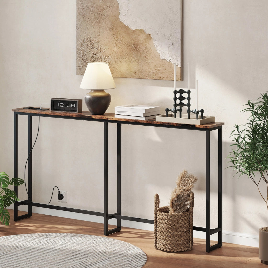Consolle ingresso stretto stile industriale con prese elettriche e USB ¨C Xylo ¨C 160x20x80cm marrone