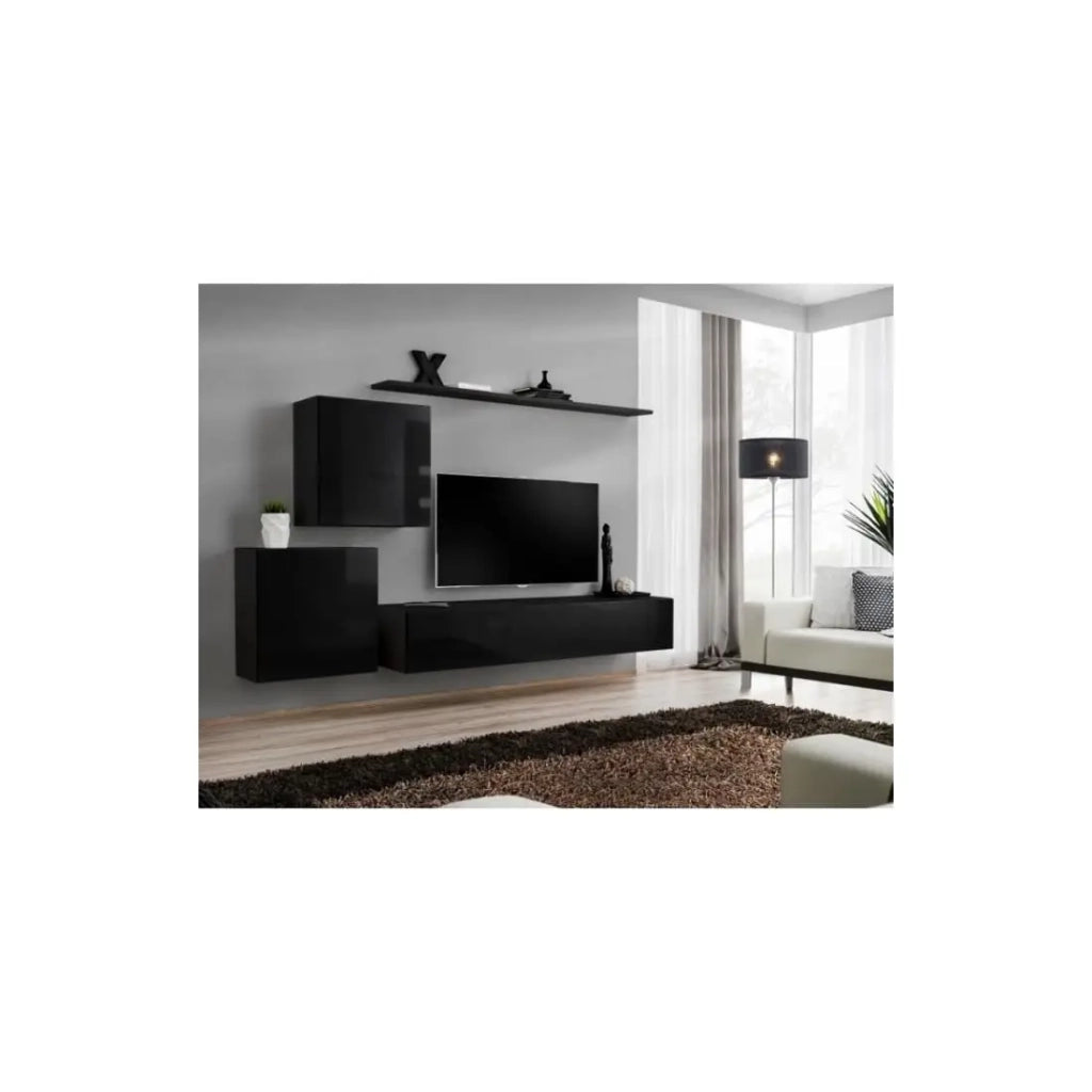 Set di mobili da soggiorno murali SWITCH V design, colore nero lucido.