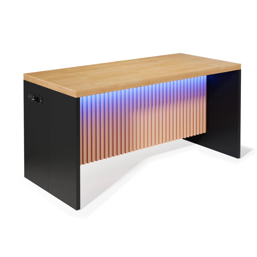 Isola da cucina 155x80x90 cm in MDF effetto legno, design industriale con LED, prese EU e USB, piano 40 mm