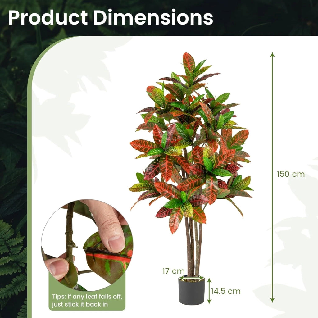 Pianta artificiale Crotone 150 cm, albero in vaso con foglie multicolori in PEVA, tronco in legno massello, muschio realistico, albero crotone finto per soggiorno, ufficio, matrimonio, festa