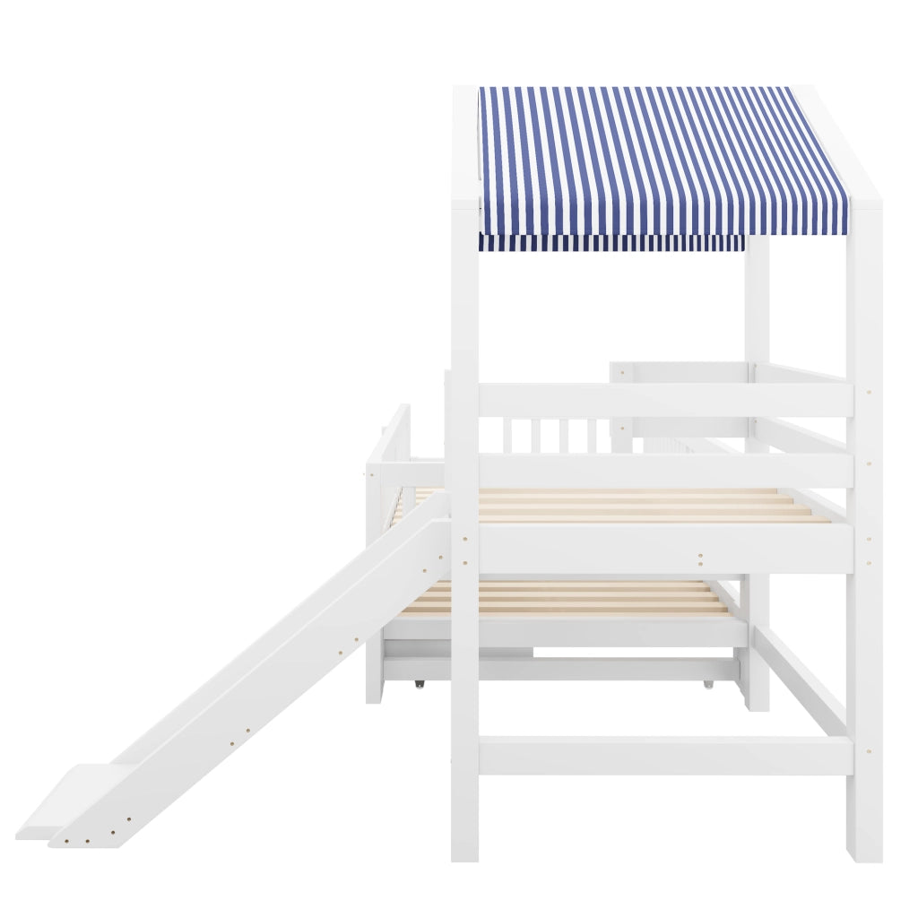 Letto per bambini a casetta 90 × 200 cm con letto estraibile, scivolo, scala laterale e cassetti, senza materasso, bianco