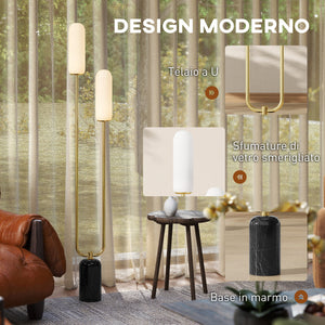 Lampada da Terra a U con 2 Luci 26x12x150 cm Interruttore a Pedale e Base in Marmo Bianco Nero e Oro
