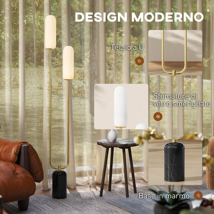 Lampada da Terra a U con 2 Luci 26x12x150 cm Interruttore a Pedale e Base in Marmo Bianco Nero e Oro