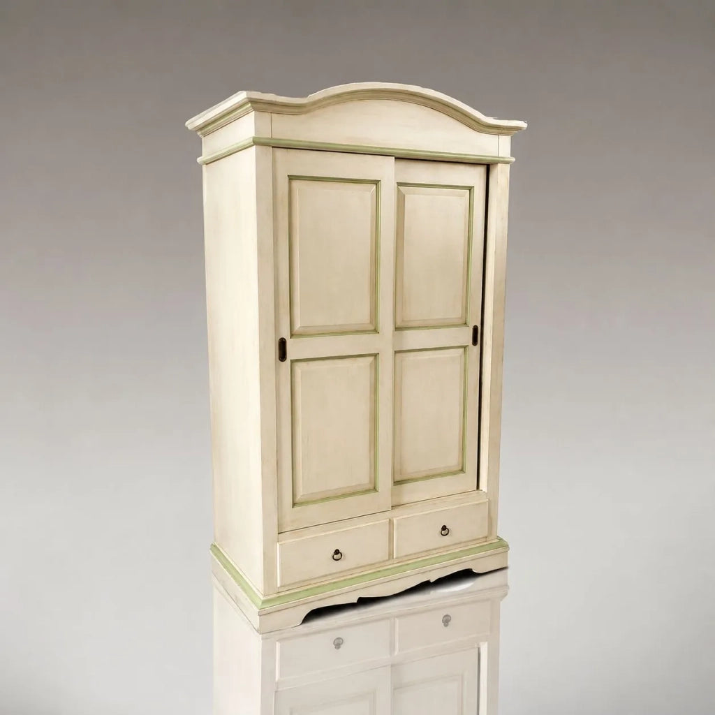 Armadio 2 ante scorrevoli legno shabby avorio anticato filo verde 122x59x200 - Mobili 2G