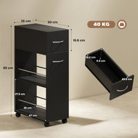 Carrello da Cucina 25x50x85 cm 2 Ripiani Aperti Cassetto e Parapetti in Legno e Acciaio Inox Nero
