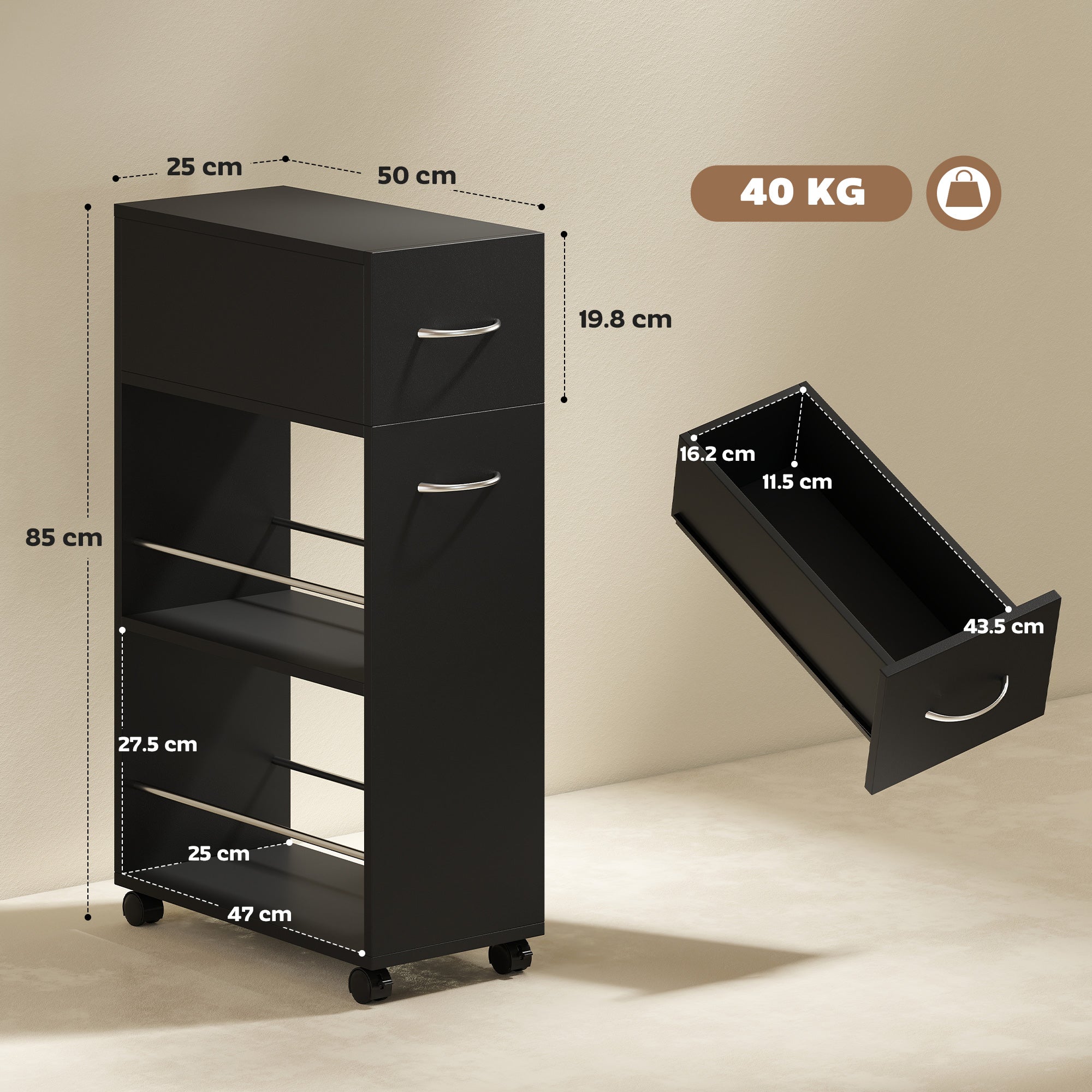 Carrello da Cucina 25x50x85 cm 2 Ripiani Aperti Cassetto e Parapetti in Legno e Acciaio Inox Nero