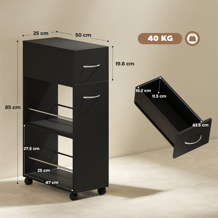 Carrello da Cucina 25x50x85 cm 2 Ripiani Aperti Cassetto e Parapetti in Legno e Acciaio Inox Nero