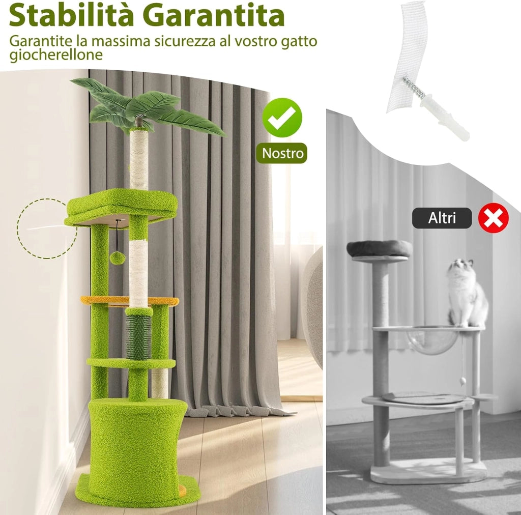 Albero per Gatti, Tiragraffi per Gattini a Tema Foresta con Foglie Artificiali, Condominio, Postazione Imbottita, Pali per Graffiare in Sisal e Pompom, Albero Tiragraffi per Gatti da Interno