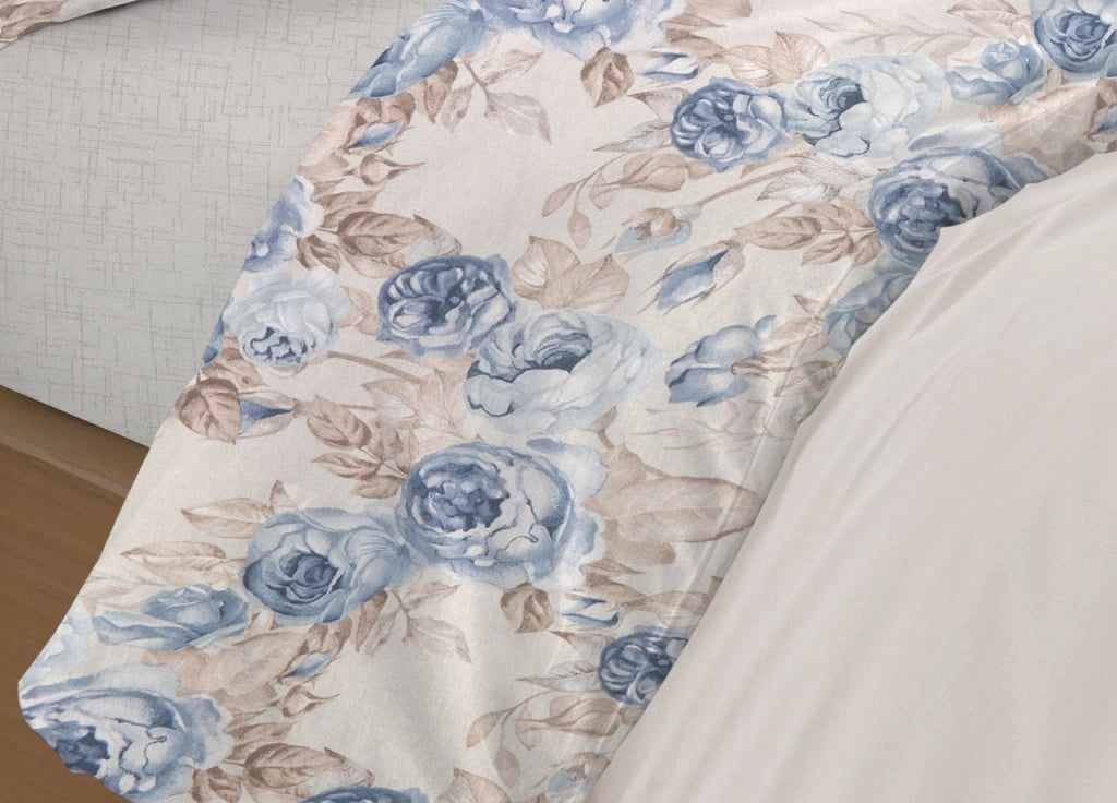 Completo Lenzuola Letto 100% Cotone Disegno Rose Floreale Fiori Romantico Mod RP Made In Italy - Piazza E Mezza - Blu