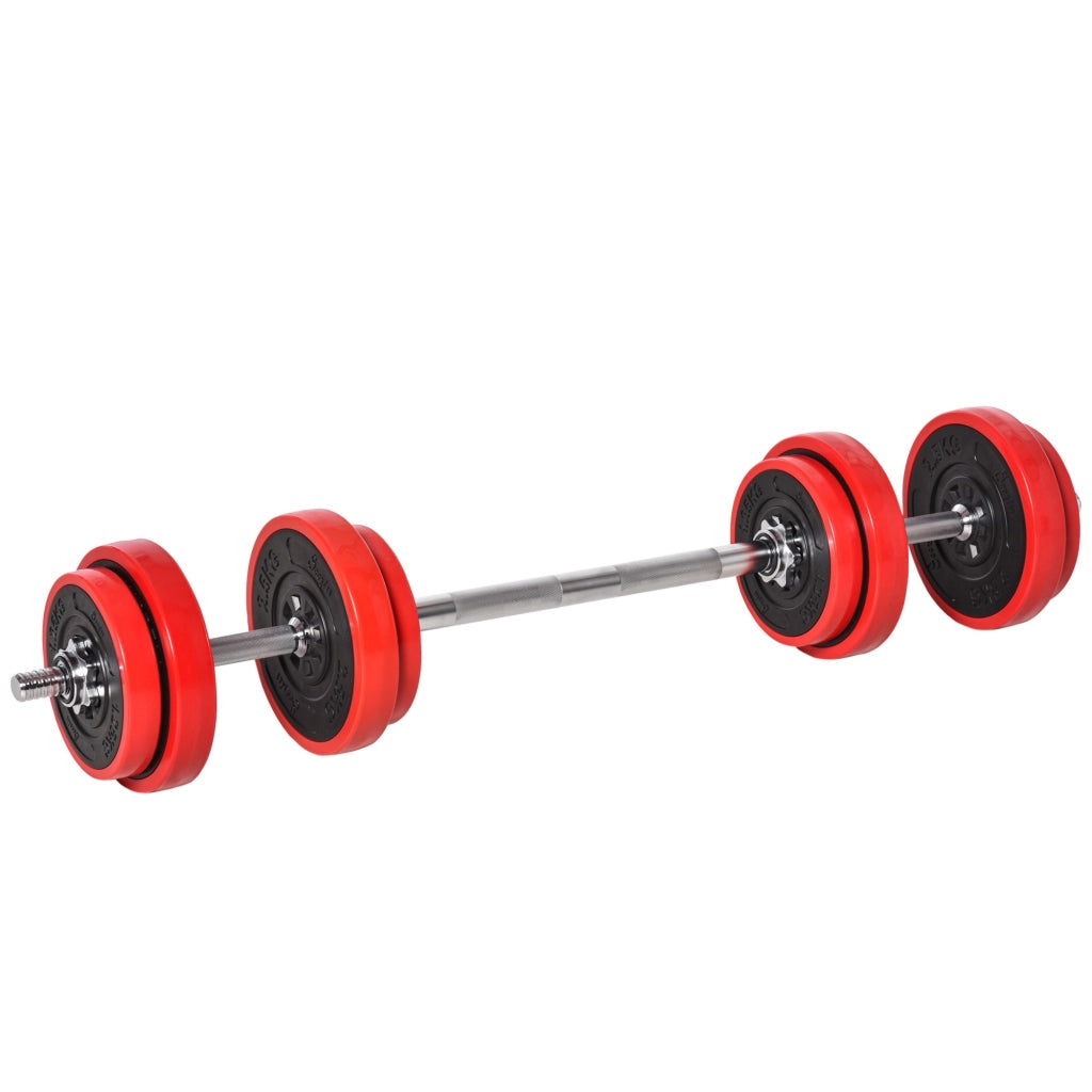 EasyComfort Set 2 in 1 Bilanciere e Manubri Pesi da 20kg, Dischi con Rivestimento in Plastica Antigraffio, Rosso e Nero
