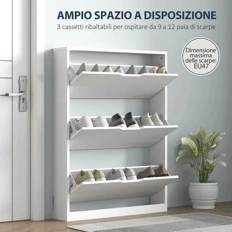 SCARPIERA SLIM A 3 CASSETTI RIBALTABILI CON INTAGLIO INFERIORE, IN LEGNO, 80X17X108 CM, BIANCO