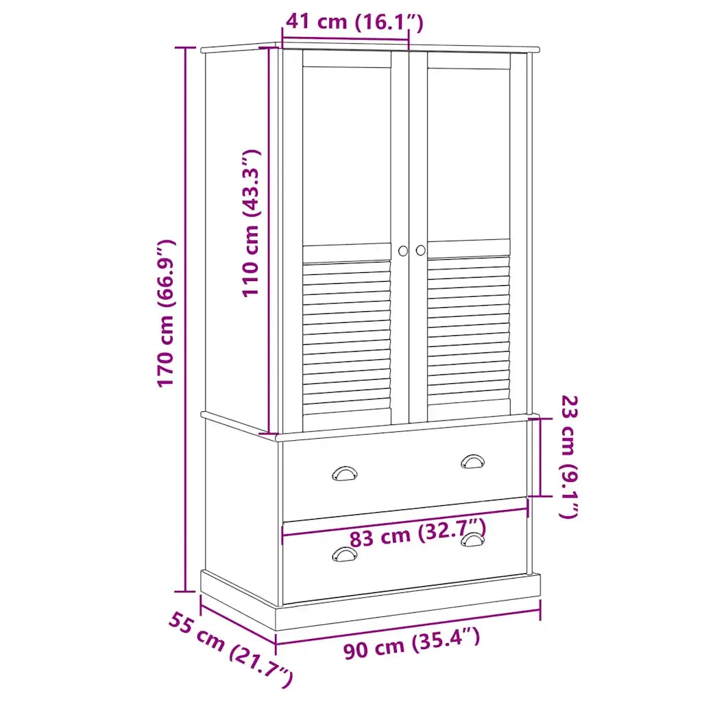 Armadio VIGO 90x55x170 cm in Legno Massello di Pino Bianco 353164