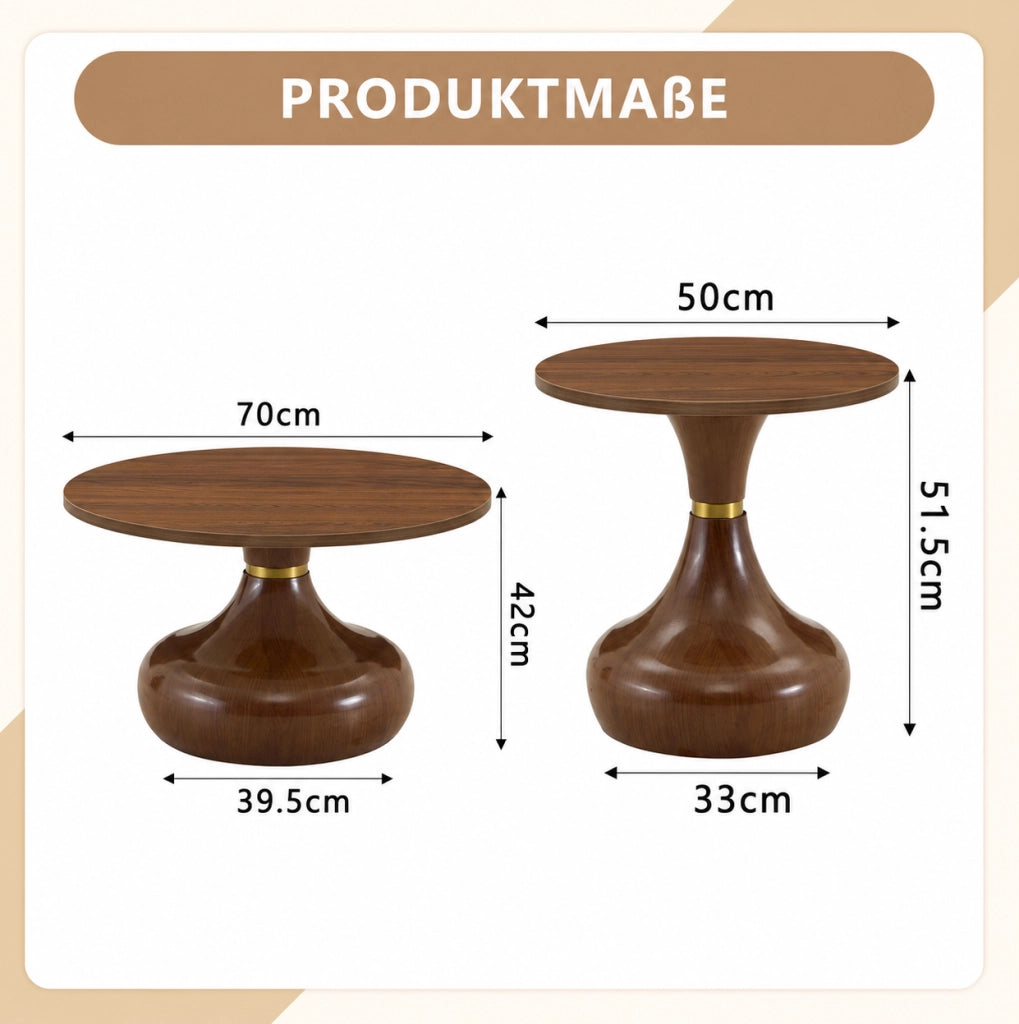 Set di 2 tavolini rotondi color noce in MDF e metallo, Ø 70 e 50 cm