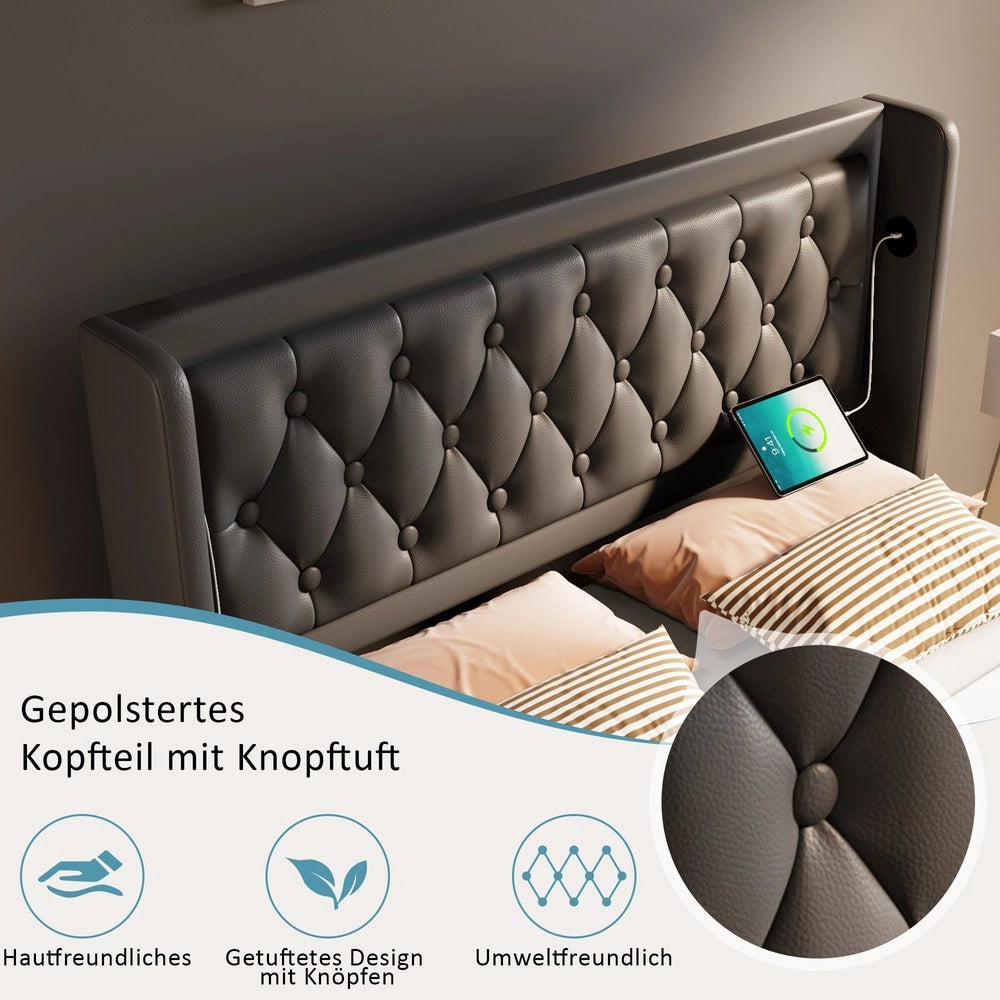 Letto Imbottito Contenitore Matrimoniale LED USB con Materasso ¨C MINIMAL ¨C Nero 140x200 Idraulico