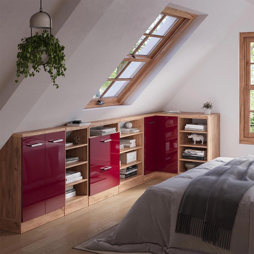 Mobile cucina angolare per sottotetto R-Line Rosso lucido/Rovere dorato 75.6 cm con 1 porta Vicco