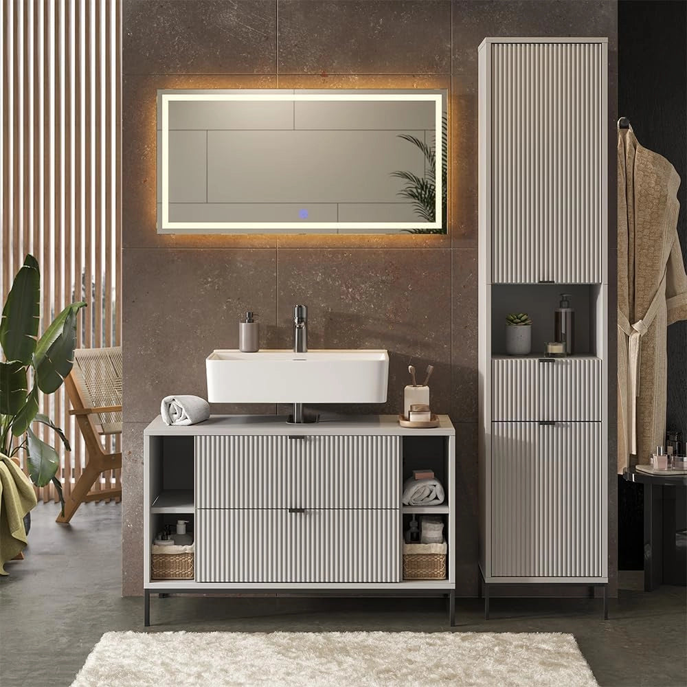 Set di mobili da bagno Eliza, Grigio, 100 cm, composto da mobile sottolavabo, specchiera e colonna alta