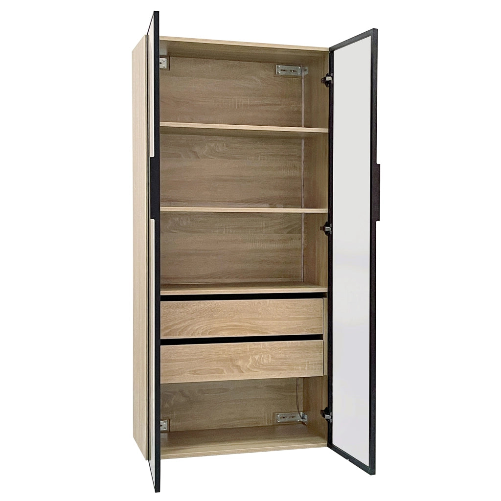 Armadietto da bagno con LED e 2 cassetti, ante in vetro satinato, ripiani aperti, per bagno e camera, naturale, 74 × 36 × 155 cm