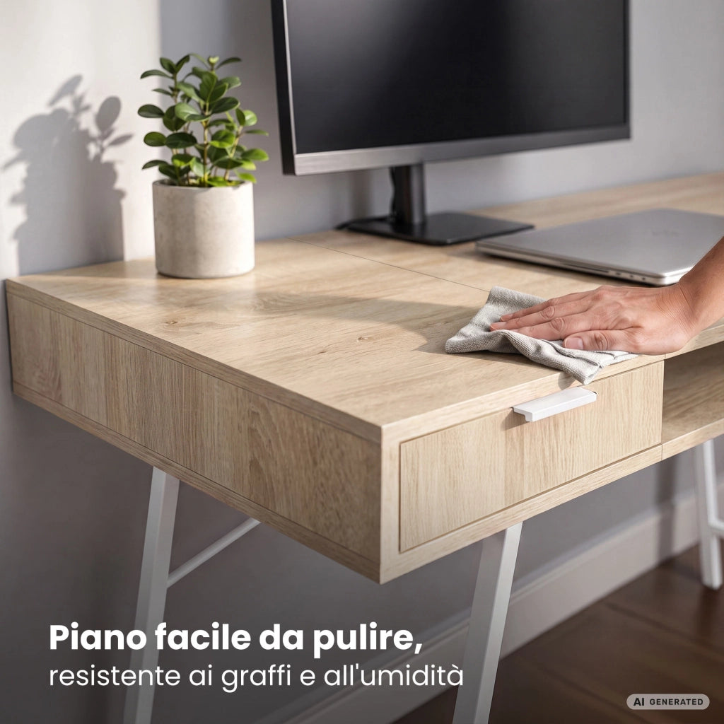 Scrivania industriale per computer Rovere Sonoma ARDEN 120 cm 2 cassetti 1 ripiano gambe bianche