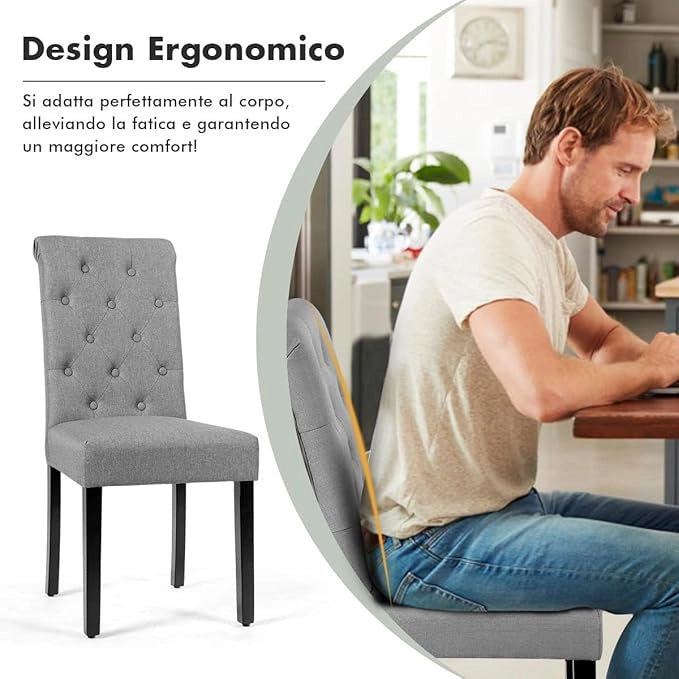 2 Seide Sala da Pranzo 43 x 61 x 100 cm, Seidie Cucina Laterali in Tessuto Rivestito con Gambe in Legno di Gomma, Tessuto di Lino Traspirante e Spugna ad Alta Densità (Grigio)