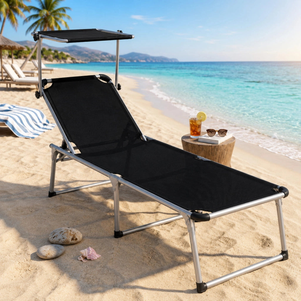 Lettino Sdraio Pieghevole Prendisole Con Parasole Schienale Regolabile In 6 Posizioni Telaio In Alluminio Per Piscina Spiaggia Mare Campeggio Giardino 187 x 59 x 29 Cm (Nero)