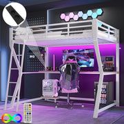 OKWISH Letto a Soppalco 90×200 cm, Letto Singolo con LED, Presa e USB, Scrivania e Ripiano PC, Sponda e Scala, senza Materasso, Bianco