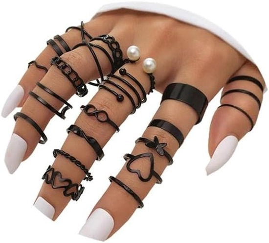 Anelli da donna set in acciaio inossidabile nero minimalista, stivale, anello falanx, anello knuckle, 12 pezzi.