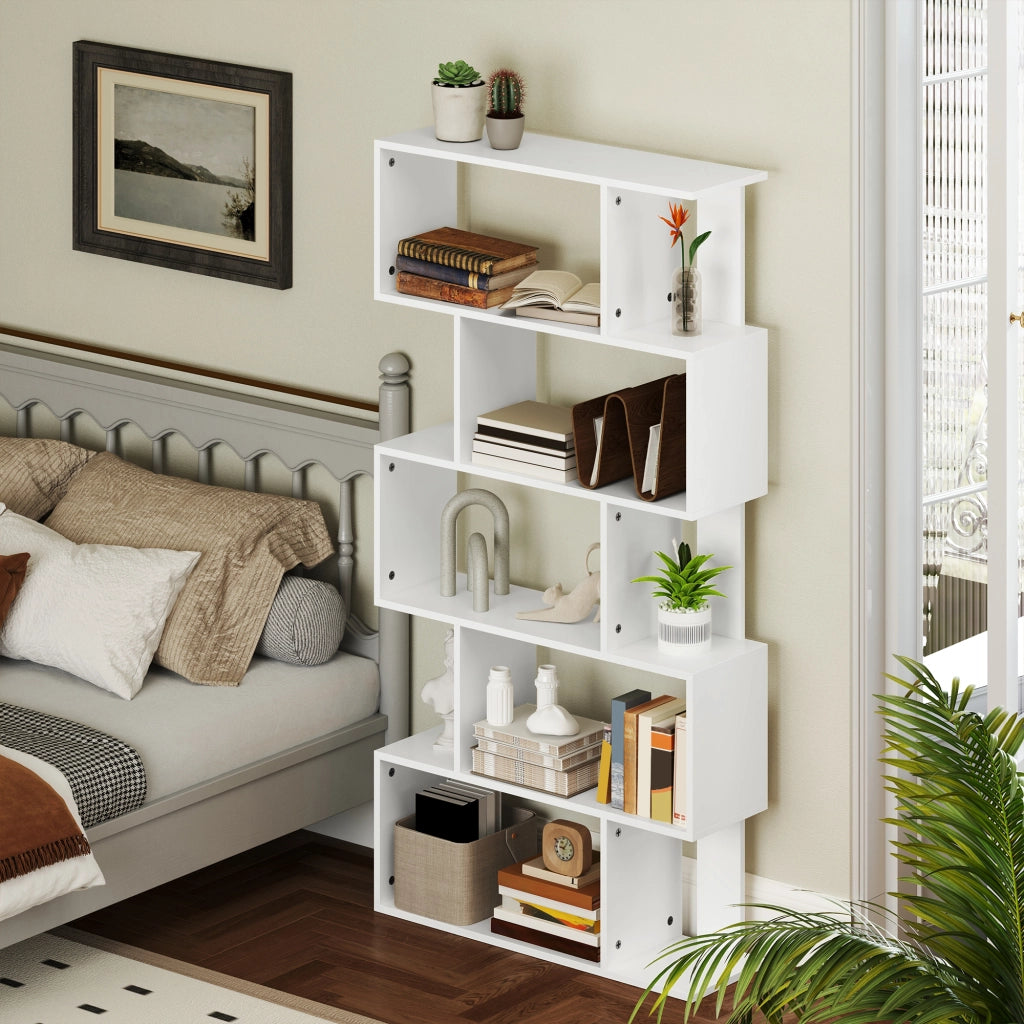 Libreria Asimmetrica a S a 5 Livelli 80x24x159 cm in Legno Bianco