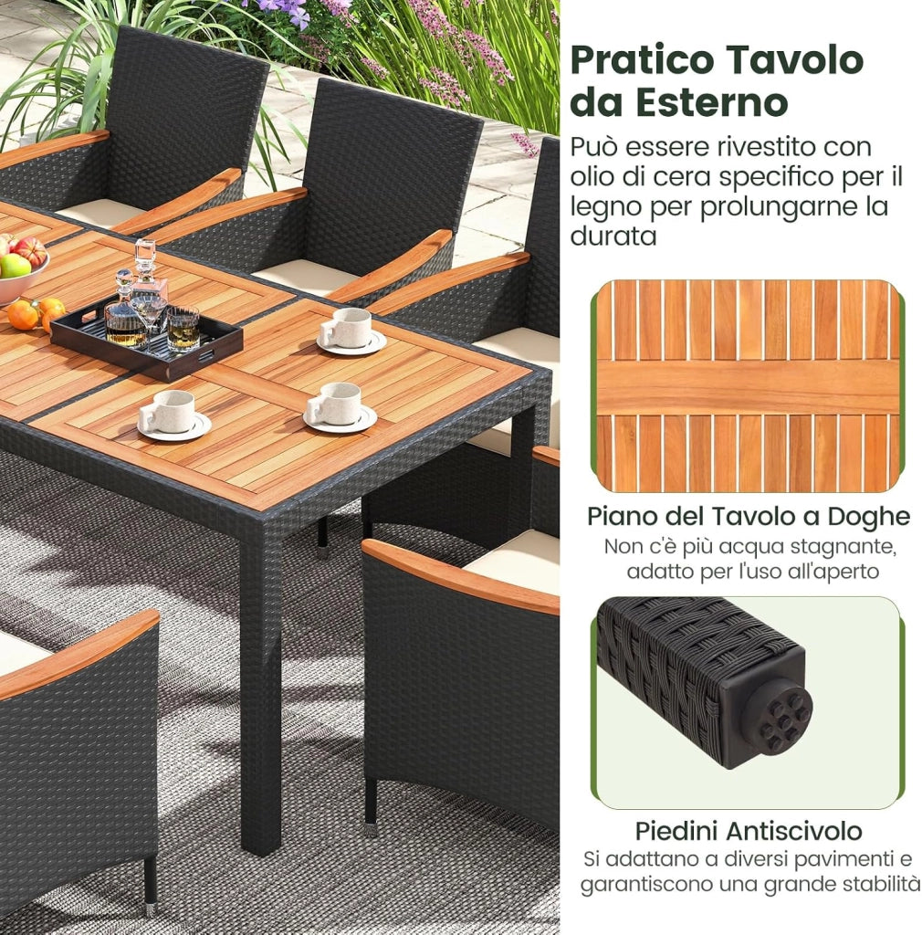 Set da Giardino 9 Pezzi in Rattan PE, Set Pranzo da Giardino con 1 Tavolo e 8 Sedie con Cuscini, Tavolo da Esterno con Piano in Legno di Acacia e Foro per Ombrellone, Naturale