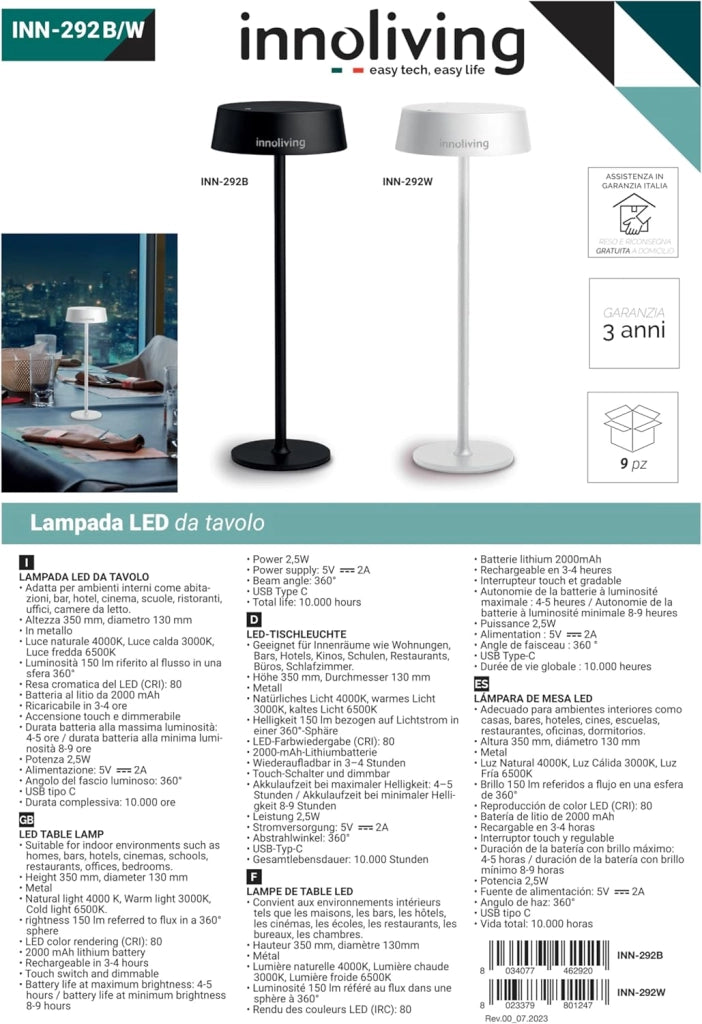 Innoliving Lampada da tavolo LED ricaricabile USB INN-292 Bianca con Luce Dimmerabile a 3 Livelli e Braccio Flessibile