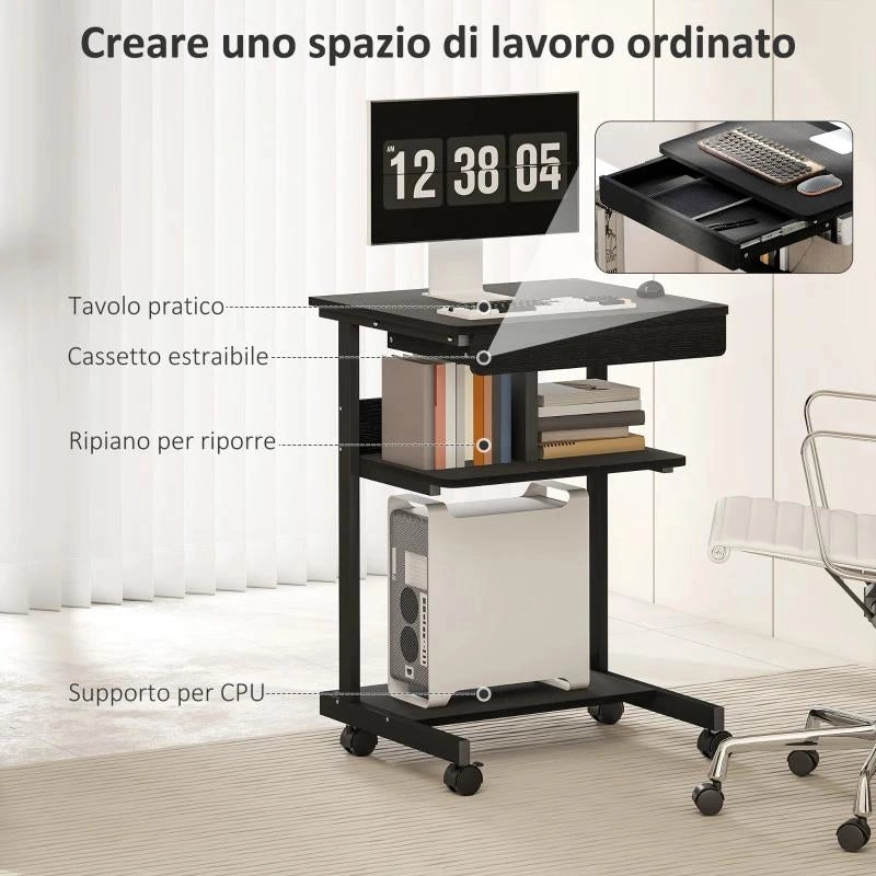 SCRIVANIA PC CON CASSETTO SCORREVOLE, 2 RIPIANI E 4 ROTELLE, IN LEGNO E METALLO, 56X51X79 CM, NERO